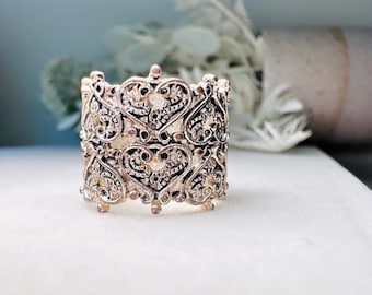 Silver Filigree Ring, Antique Silver Thick Band Lace Statement Ring with Hearts + Cut Outs, Size 6