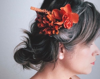 Fall Floral Hair Comb, Autumn Bridal Hair Comb, Wedding Hair, Burnt Orange Barn Wedding, Copper Flowers Bride Hair, Rustic Hair Accessories