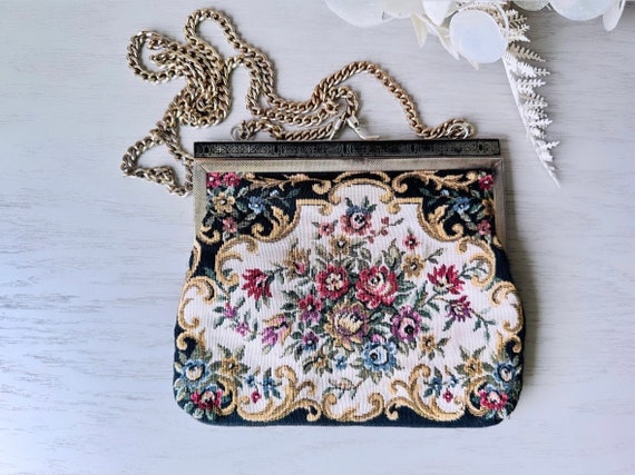 Vintage Black Floral Tapestry Purse with Gold Cha… - image 2