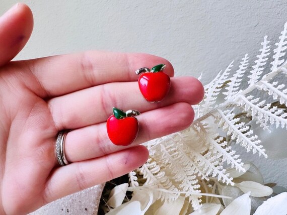 Red Apple Earrings, Vintage Apple Pierced Earring… - image 3