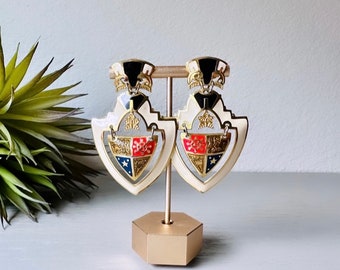 Huge Vintage Shield Berebi Earrings, 1980s Runway Chic Earrings, Dramatic Maximalist Earrings, Pierced Enamel Coat of Arms Earrings