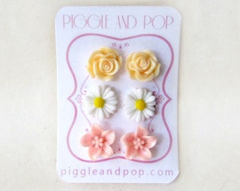 Floral Earring Stud Set, Peach White Pink, Cute Flower Stud Earrings Set, Peach Rose Studs, White Gerber Daisy Earrings, Pink Lily Earrings