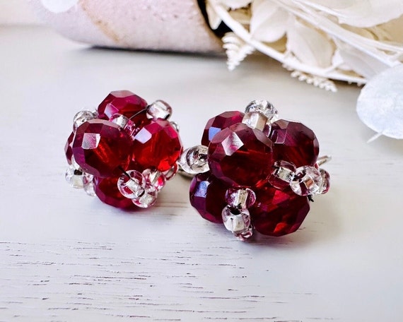 Red Vintage Marvella Beaded Cluster Earrings, Fac… - image 2