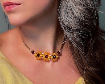 Beaded Daisy Necklace with Golden Cats Eye Beads and Topaz Crystals, Handmade Vintage Chain Flower Choker Necklace