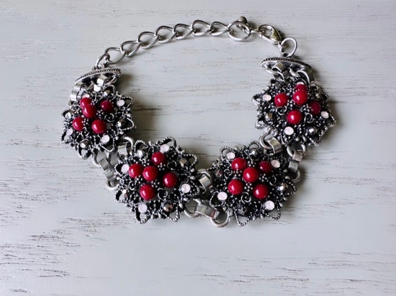 Vintage Flower Link Bracelet, Deep Burgundy Red a… - image 3