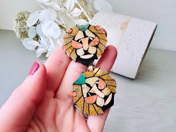 Lee Sands Lion Earrings, Shell and Stone Mosaic L… - image 6