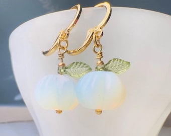 Opalite Pumpkin Earrings, Handmade 18k Huggie Dangle Earrings with Green Glass Leaves