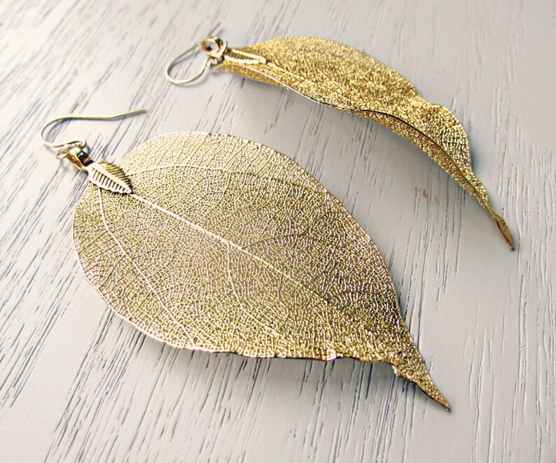 Gold Leaf Earrings, Real Leaf Dangle Earrings, 14kt Gold Earwires, Delicate Gold Earrings, Ethereal Wedding Earrings, Bridal Gold Dipped image 5