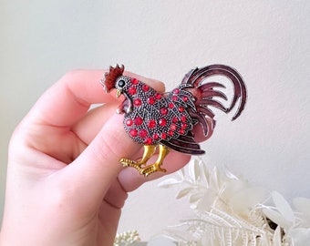 Vintage Rooster Brooch with Rhinestones, Festive Silver Rooster Figural Pin with Enamel Accents, Adorable Kitschy Vintage Pin