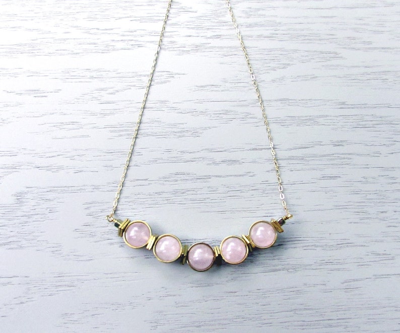 Pink Quartz Necklace Raw Brass Gemstone Orb Rose Bead Frame Light Wire Wrapped Pendant