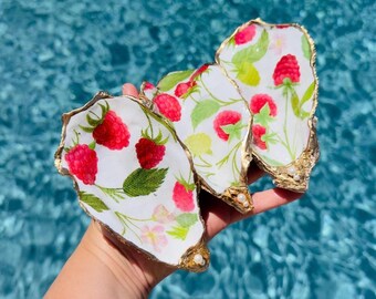 Oyster Shell Dishes with Summer Raspberries and Pink Flowers, Handmade Coastal Trinket Tray with Pearls