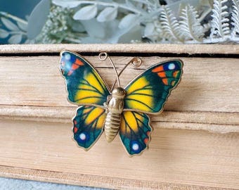 Vintage Butterfly Brooch Pin: Monarch Butterfly in Red, Black, and Yellow, Whimsiscal Floral Jewelry