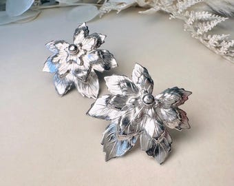 Silver Leaf Earrings, Vintage Oversized Maple Leaf Earrings, 1950s Silver Statement Earrings