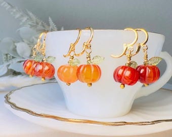 Carnelian Pumpkin Earrings, Handmade 18k Huggie Gemstone Earrings with Green Glass Leaves