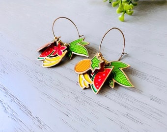 Vintage Berebi Fruit Earrings, Pineapple Watermelon Banana Earrings, Fun Fruit Salad Earrings, Pierced Enamel Hoop Earrings, Colorful Retro