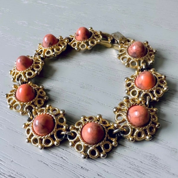 1970's Vintage Bracelet, Sarah Coventry Valencia Bracelet, Coral and Gold Filigree Flower Link Bracelet, Unique Signed 70s Vintage Jewelry