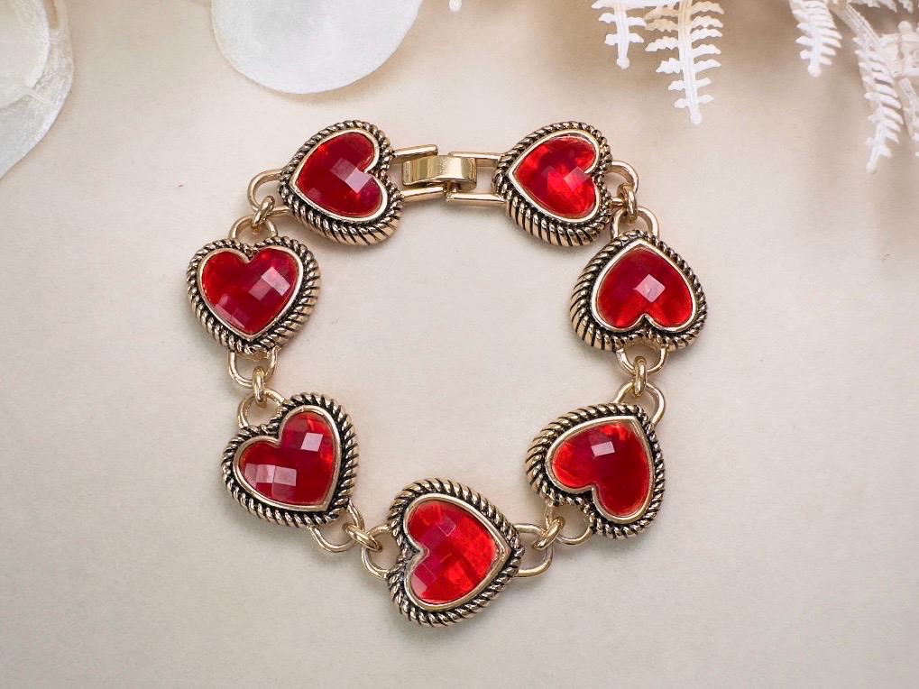 Red Heart Bracelet, Vintage Napier Red Lucite Charm Bracelet, Gold