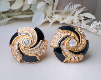 ヴィンテージゴールド＆ブラックラインストーンクリップオンイヤリング