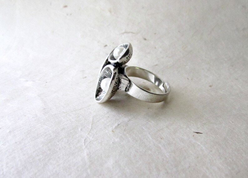 Silver Flower Ring Large Cocktail Ring Adjustable Band Oxidized Silver Statement Ring White Pearl Ring Etched Petals Calla Lily Ring