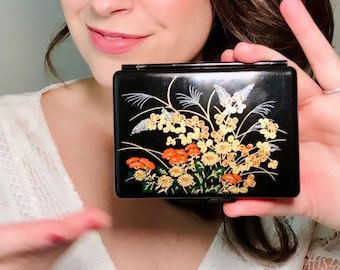 Vintage Jewelry Box, Mini Flower Travel Trinket Box, Black Laquer Plastic Floral Jewelry Box with Red Felt Dividers and Mirror, from 1984