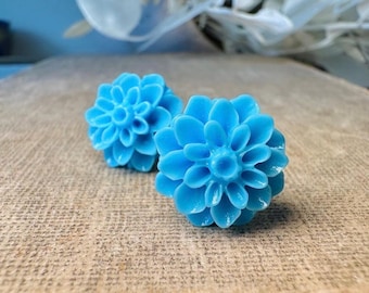 Blue Flower Earrings, Sky Blue Floral Stud Earrings, Large Chrysanthemum Post Earrings, Hypoallergenic Surgical Steel