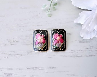 Vintage Cloisonné Earrings, Floral Rectangle Earrings in Black, Wine + Pink, Gold Tone Post Earrings, 1980s Pretty Vintage Pierced Earring