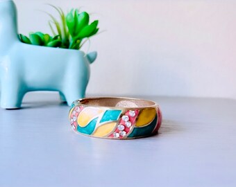 Colorful Enamel Clamper Bracelet, Pink Teal Yellow Gold Clamper Bracelet, VTG Hinged Gold Bracelet, Pearlized Enamel and Rhinestone Bracelet