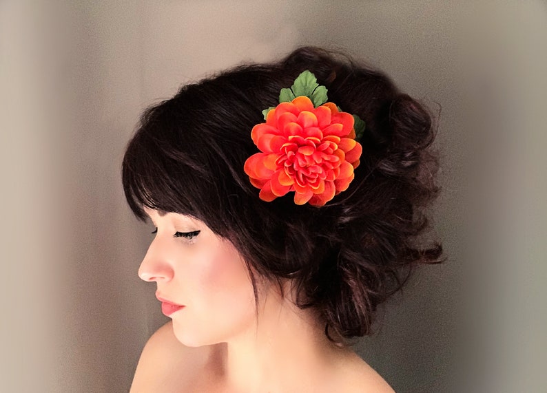 Large Hair Flower In Vibrant Orange Rockabilly Big Zinnia Etsy