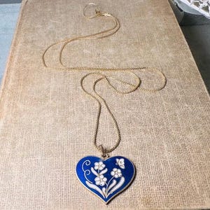 Blue Heart Necklace, Vintage Cobalt Blue Heart Necklace with White Flowers, Whimsical Long Heart Pendant Necklace Fine Gold Chain