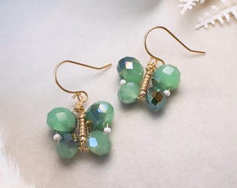 Green Butterfly Earrings, Handmade Beaded Dangle Earrings in Color Shifting Mint Opal Crystals, 24K Gold