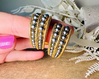Vintage Half Hoop Earrings with Dark Silver Pearls, Gold and Grey 80s Tapered Huggie Clip On Earrings
