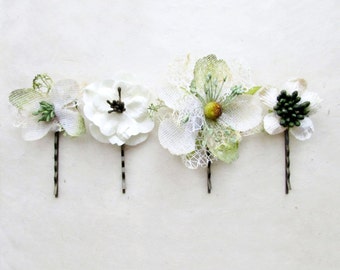 Bridal Hair Pins, Rustic Wedding White Hair Flowers, Woodland Flower Clips, Bride Hair Pin, Wedding Bobby Pins, Burlap White Hair Flowers