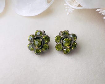 Green Rhinestone Flower Earrings, Small Vintage 60s Olive Green Floral Crystal Clip Ons