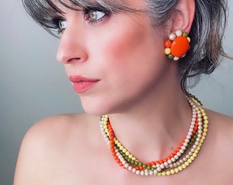 1970s Vintage Necklace & Earring Set, Sunny  Yellow, Orange, Avocado Green Retro 70s Five Strand Beaded Necklace with Matching Big Earrings