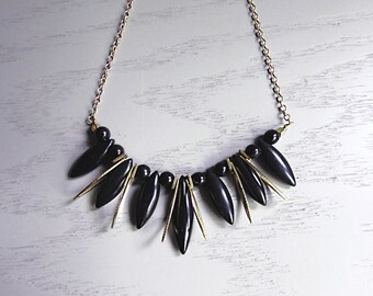 Black and Gold Marquise Spike Necklace, Black Bib Necklace, Boho Fan Necklace, Marquise Fringe Necklace, Short Collar Geometric Necklace