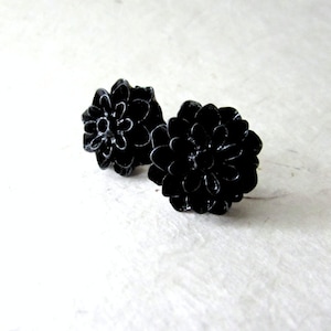 Black Flower Stud Earrings, Hypoallergenic Surgical Steel Resin Stud Earrings, Handmade Cute Black Dahlia Flower Earrings, Big Black Earring