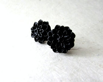 Black Flower Studs, Black Dahlia Earrings, Cute Flower Earrings, Black Flower Earring, Large Stud Resin Earring, Spooky Season Halloween