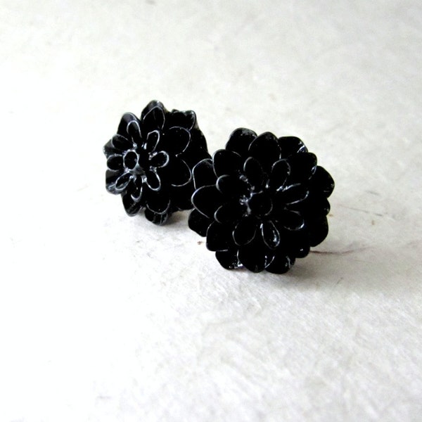Black Flower Studs, Black Dahlia Earrings, Cute Flower Earrings, Black Flower Earring, Large Stud Resin Earring, Spooky Season Halloween