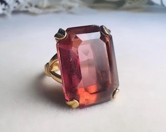 Vintage Cocktail Ring, Smoky Amethyst Statement Ring Groß Lila und Gold Ring im Smaragdschliff