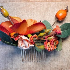 Flower Hair Comb, Handcrafted Autumn Hair Comb, Burnt Orange Fall Wedding, One of a Kind Handmade Hair Comb, Rustic Bridal Hair Accessories