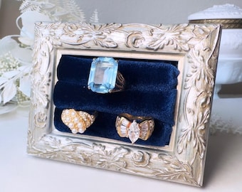 Samt Ringhalter, Handgemachter Viktorianischer Stil Silber und Midnight Blue Ring Display