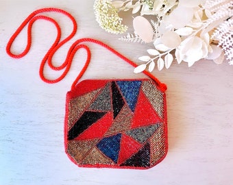 Red 1980s Vintage Beaded Handbag, Geometric Triangle Purse, Incredible 80s Hand Beaded Purse with Gold Black Blue and Peacock Green Accents