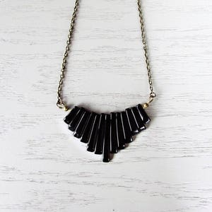 Black Onyx Necklace, Onyx Bib Necklace, Graduated Fan Necklace, Black Geometric Jewelry, Simple Gemstone Necklace, Wire Wrapped Pendant image 4