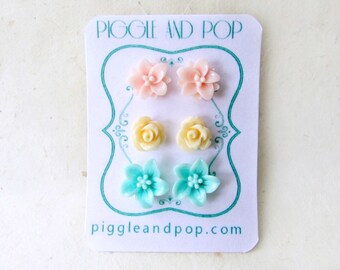 Earring Stud Set, Flower Earring Set, Pastel Earrings, Pink Lotus Earring, Peach Rose Studs, Mint Lily Earrings, Surgical Steel Earring