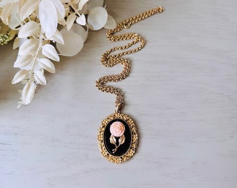 Mirrored Rose Pendant Necklace, Signed Serena Rose Vintage 1973 Avon Mirrored Pendant Necklace, Spooky Season Victorian Revival Jewelry