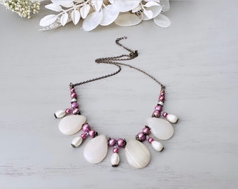 White Onyx + Pearl Handmade Necklace, Purple Lilac Freshwater Pearls Crystals Gemstone Bib Statement Necklace White Italian Onyx Teardrops