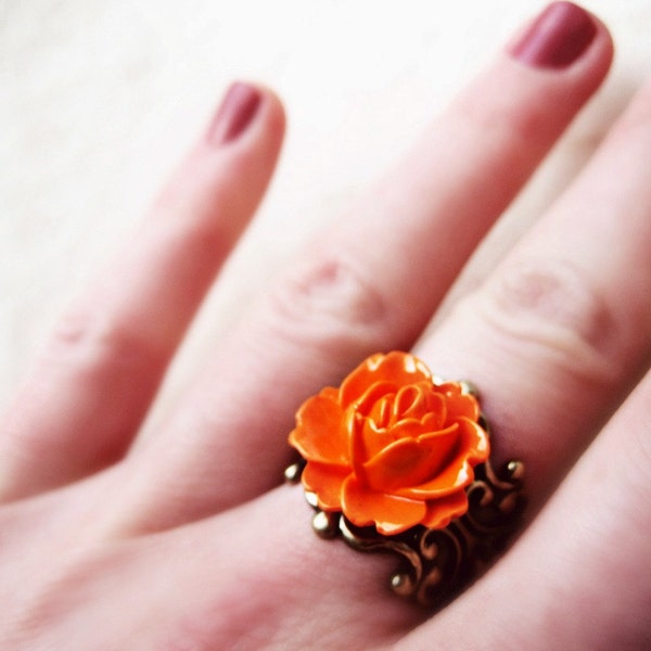 Orange Flower Ring. Mandarin Orange Peony Ring. Adjustable Antique Bronze Filigree Ring. Colorful Orange Flower Jewelry Gifts.