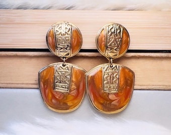 Vintage Berebi Statement Ohrringe, seltene Gold Schildpatt und Kupfer Emaille Ohrringe mit geometrischen Akzenten