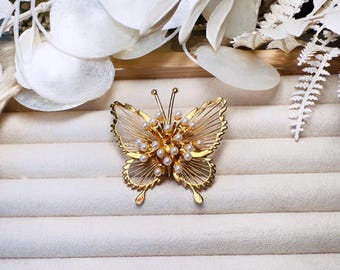 Vintage Butterfly Brooch, Gold Monet Vintage Pin with Pearls