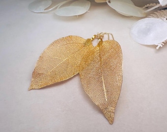 Gold Leaf Earrings, Handmade Real Leaf Dangle Earrings 14kt Gold Earwires